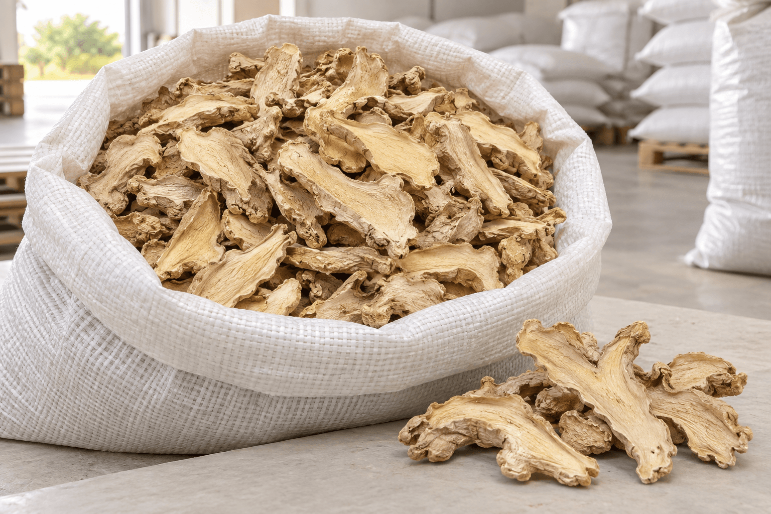 Dried split ginger pieces displayed in a white woven export sack